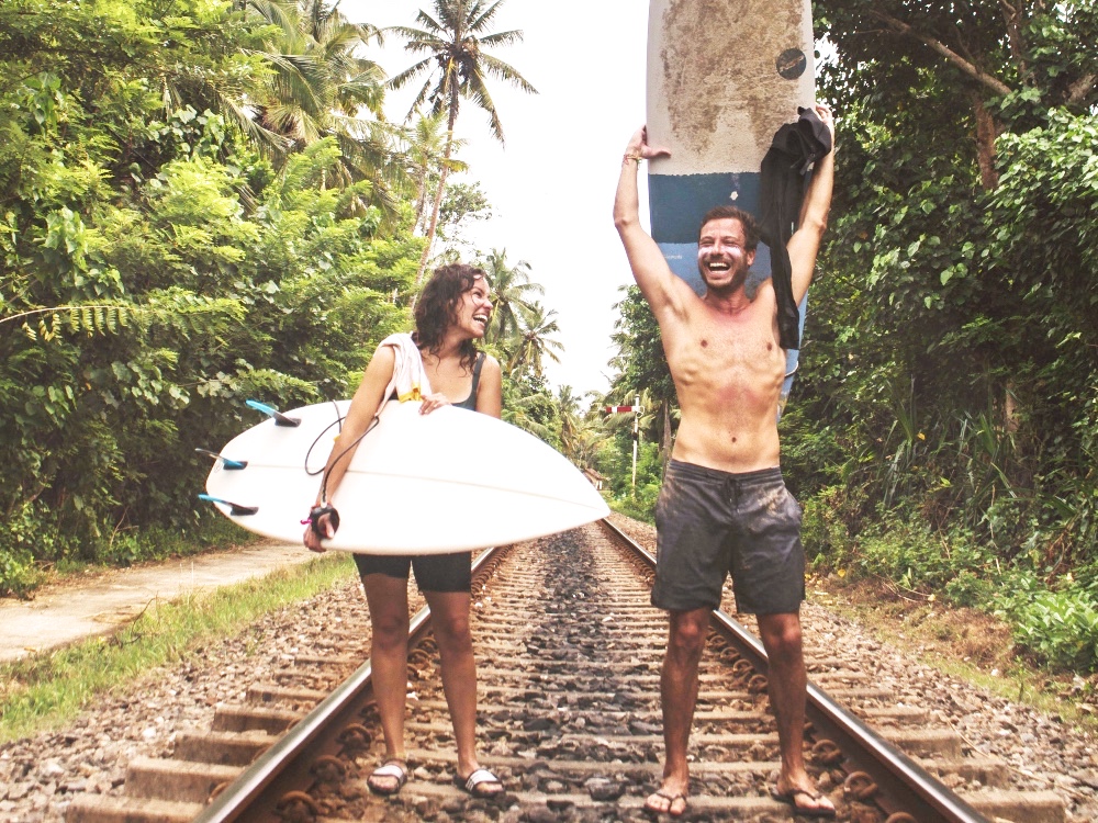 Surfers on the tracks, Sri Lanka